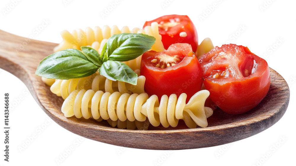 closeup of a wooden spoon with fusilli pasta. cherry tomatoes. and basil leaves closeup of a wooden spoon with fusilli pasta. cherry tomatoes. and basil leaves