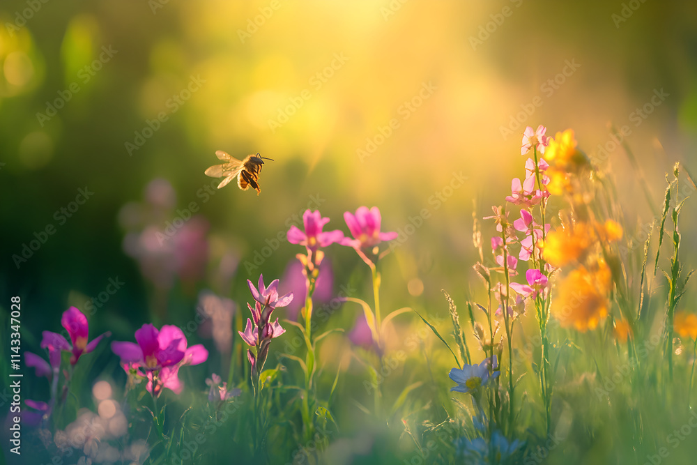 Fototapeta premium Dynamic Dance of the Bee: Pollination and Biodiversity in Sunlit Harmony