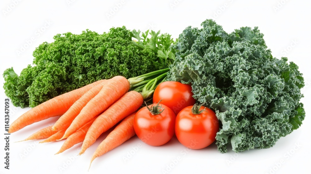 Fresh organic fruits and vegetables, including kale, tomatoes, and carrots, arranged on a white background. Fresh organic fruits and vegetables, including kale, tomatoes, and carrots, arranged on a white background.