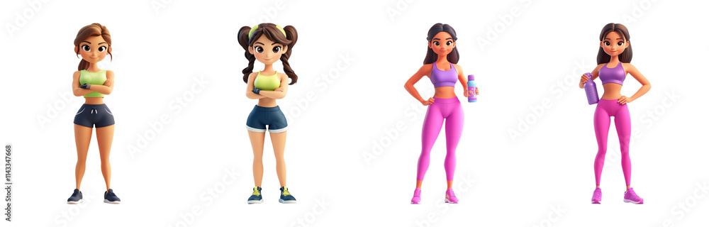 Colorful Cartoon Fitness Characters in Active Wear Colorful Cartoon Fitness Characters in Active Wear