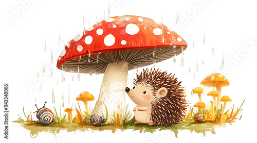 cartoon hedgehog under a spotted mushroom in the rain, accompanied by small snails and dewdrops