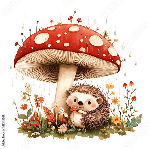 cartoon hedgehog under a large red mushroom, rain softly falling, surrounded by tiny flowers and plants