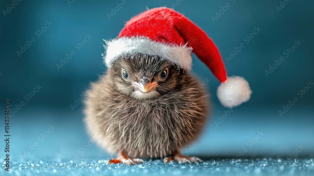 Cute kiwi bird wearing red Christmas Santa hat, blue background Cute kiwi bird wearing red Christmas Santa hat, blue background