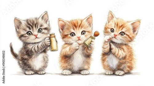 Wallpaper Mural Three playful kittens holding tiny champagne bottle, reaching for a toy, Isolated on white background Torontodigital.ca