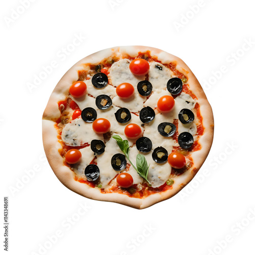 Tasty pizza with cherry tomato and black olive slices