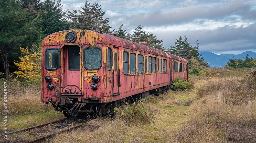 Rusty Relic: An Abandoned Train in a Mountainous Landscape Rusty Relic: An Abandoned Train in a Mountainous Landscape