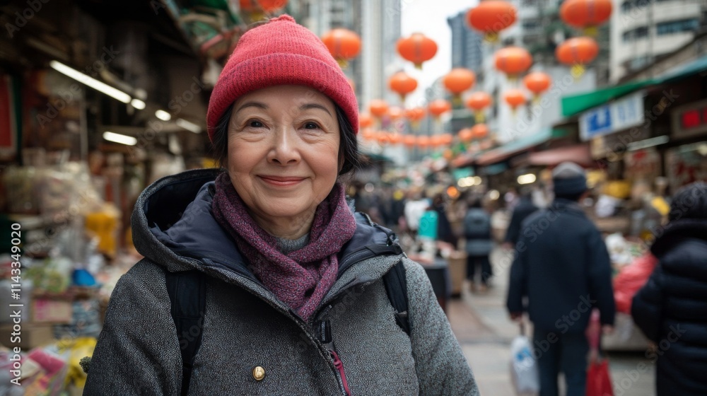 Happy woman smiles in a bustling market street Happy woman smiles in a bustling market street