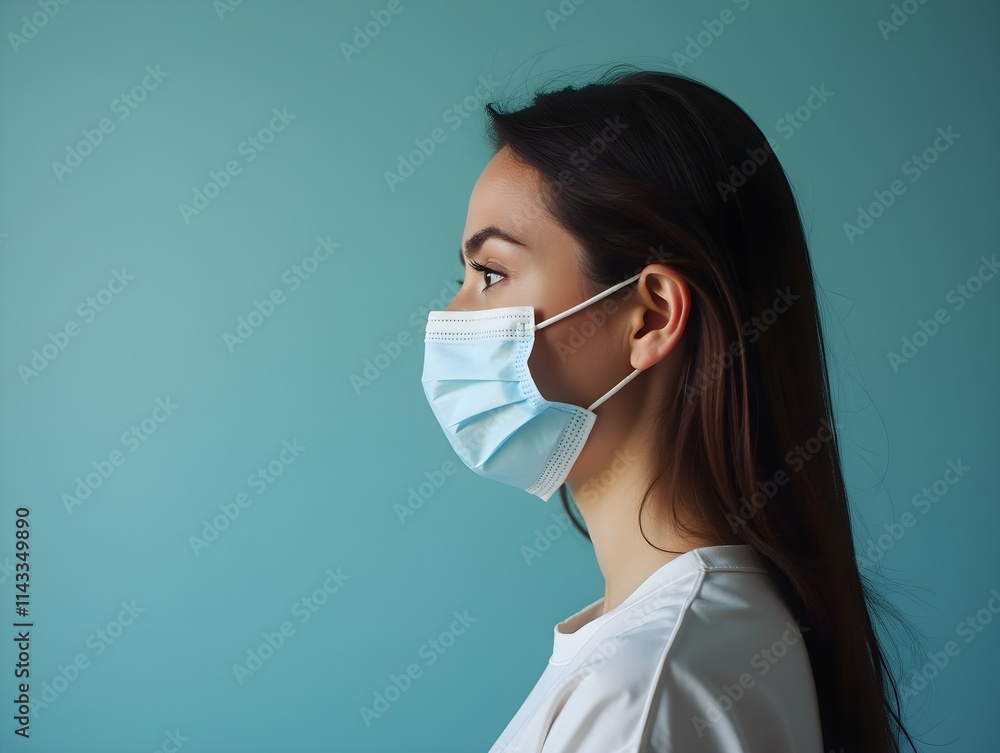 Coronavirus Concept. Side View Portrait Of Woman In Protective Medical Face Mask Standing Over Light Studio Background With Free Space Coronavirus Concept. Side View Portrait Of Woman In Protective Medical Face Mask Standing Over Light Studio Background With Free Space