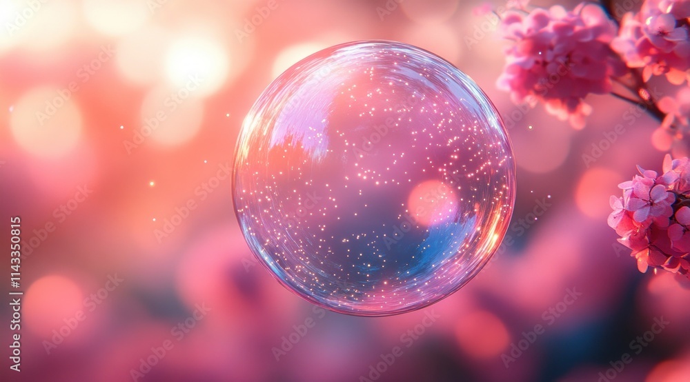Translucent Soap Bubble in Pastel Background with Sparkles and Bokeh Effects Translucent Soap Bubble in Pastel Background with Sparkles and Bokeh Effects