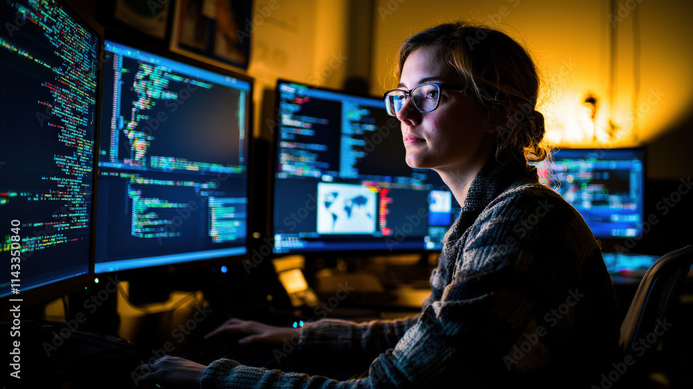 A programmer working late at night, illuminated by the glow of multiple monitors displaying complex lines of code, creating a focused and tech-driven atmosphere.
A programmer working late at night, illuminated by the glow of multiple monitors displaying complex lines of code, creating a focused and tech-driven atmosphere.