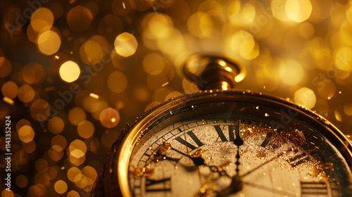 Close-Up of Vintage Pocket Watch with Water Droplets, Golden Glitter, and Bokeh Lights for a Festive New Year's Eve Feel