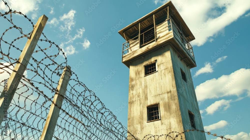 A tall watchtower surrounded by barbed wire under a blue sky. A tall watchtower surrounded by barbed wire under a blue sky.