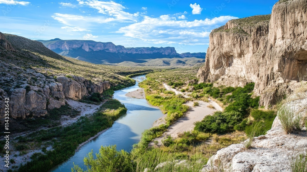 Serene River Flows Through Rocky Canyon Landscape Under Clear Skies Serene River Flows Through Rocky Canyon Landscape Under Clear Skies
