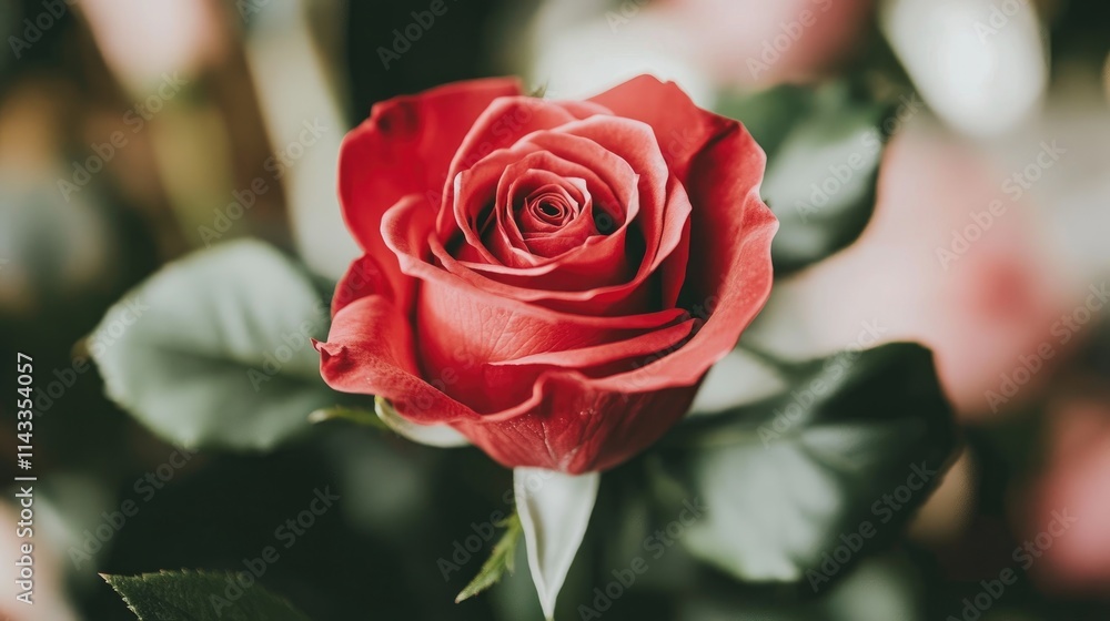 Beautiful Red Rose Bloom Surrounded by Green Leaves and Soft Light Beautiful Red Rose Bloom Surrounded by Green Leaves and Soft Light