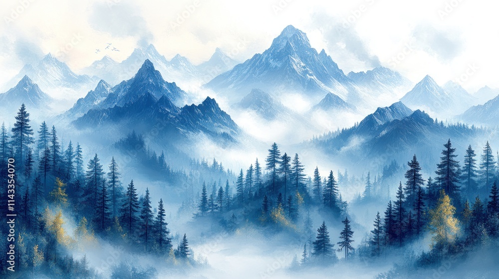 Fototapeta premium Misty mountain range with evergreen forest.