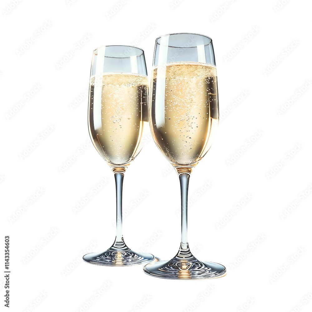 Two champagne glasses with sparkling golden bubbles isolated on white background Two champagne glasses with sparkling golden bubbles isolated on white background