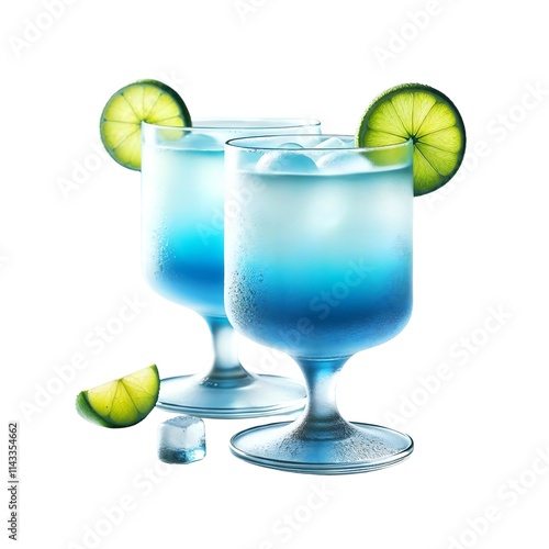 Two refreshing blue cocktails with lime wedges in short glass tumblers isolated on white background