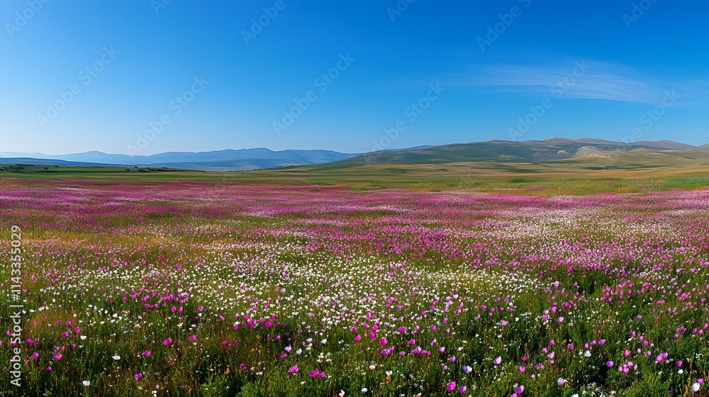 Vibrant wildflowers bloom across a vast mountainous landscape Vibrant wildflowers bloom across a vast mountainous landscape