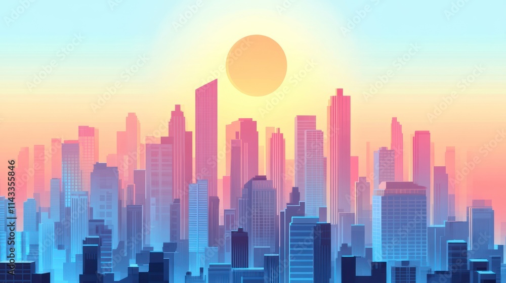 Fototapeta premium A vibrant city skyline at sunset, showcasing modern architecture and a colorful atmosphere.