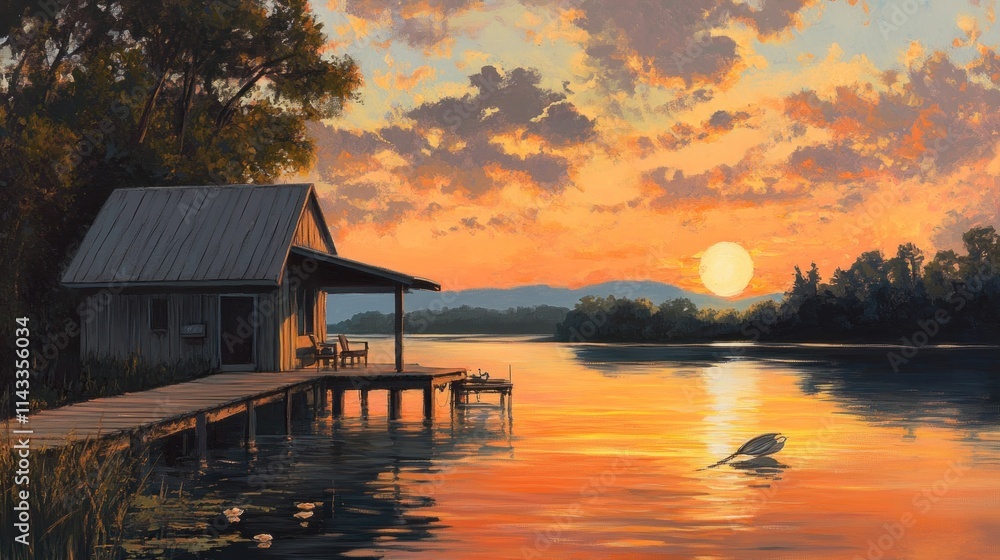 Fototapeta premium Cabin on the Lake at Sunset