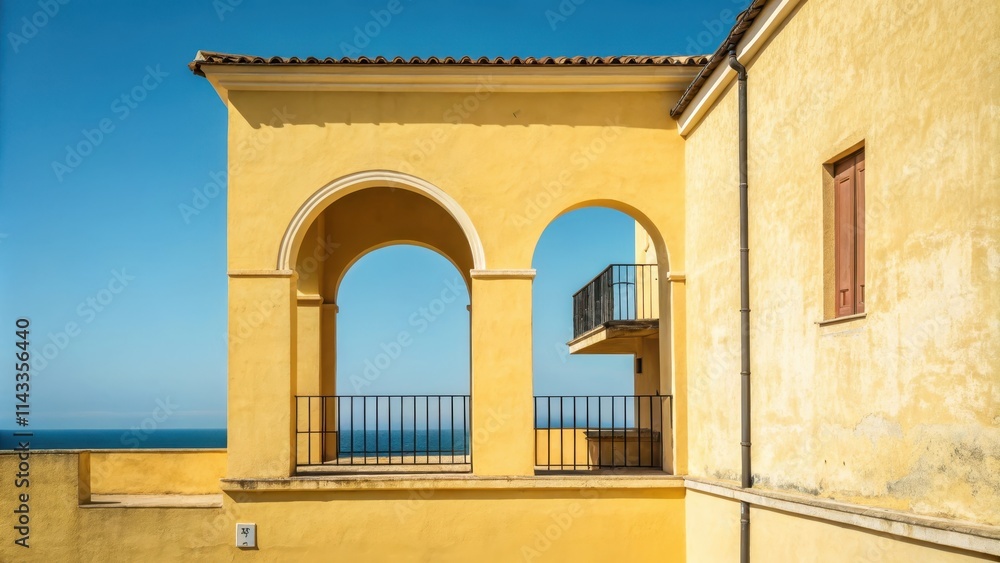 Obraz premium Minimalistic rendering of a yellow building with an arch and balcony opening into the sky, minimal, architecture, building