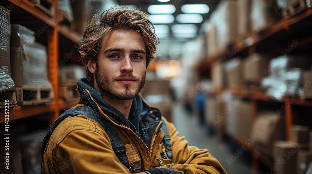 Fototapeta premium Warehouse Worker in Safety Gear with Boxes in Background Hyper-Realistic Lighting