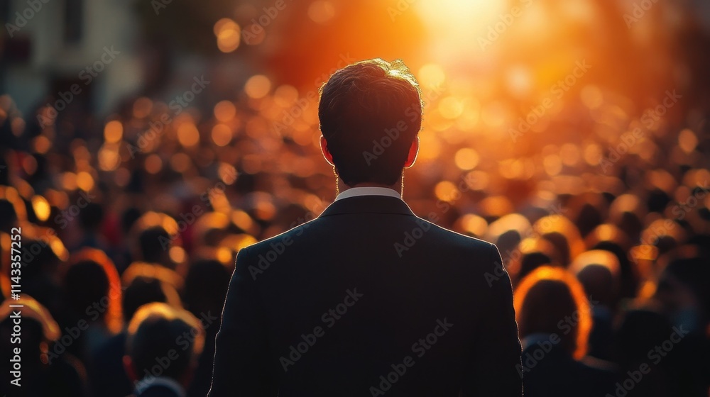 Politician Speaking at Outdoor Event in Front of Engaged Crowd