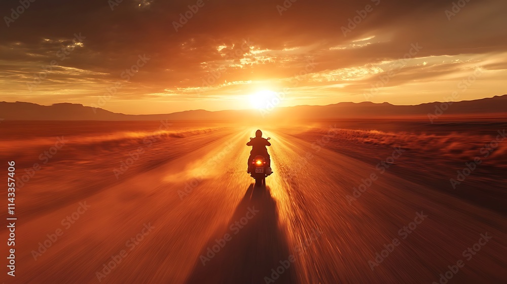 Lone Motorcyclist Riding Towards Sunset Desert Road Lone Motorcyclist Riding Towards Sunset Desert Road
