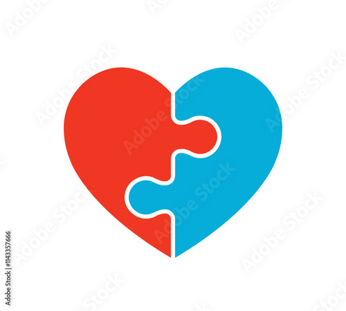 heart shape jigsaw puzzle combined together, two red and blue pieces, vector illustration