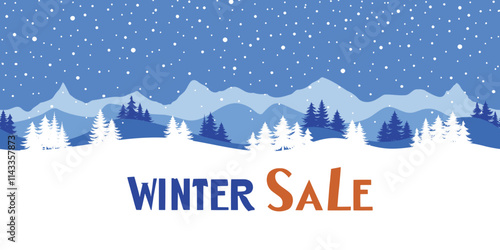 Winter banner, winter sale, forest and mountains, snowdrifts and snowfall, vector design