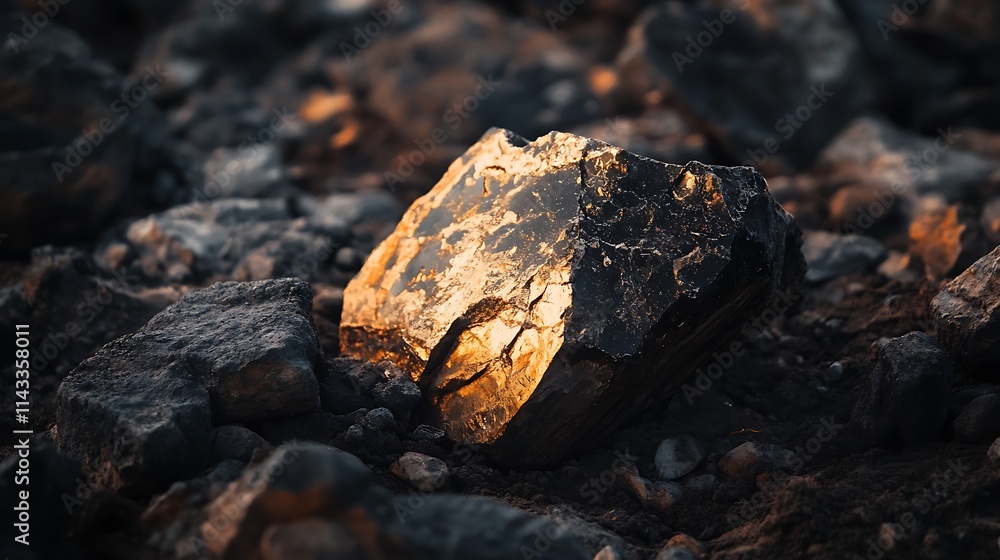 Golden rock in dark earth. Concept of hidden treasure, discovery, and geology. Golden rock in dark earth. Concept of hidden treasure, discovery, and geology.