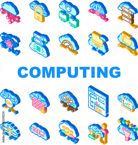 cloud computing virtualization icons set vector. scalability infrastructure, storage security, deployment automation, networking cloud computing virtualization isometric sign illustrations