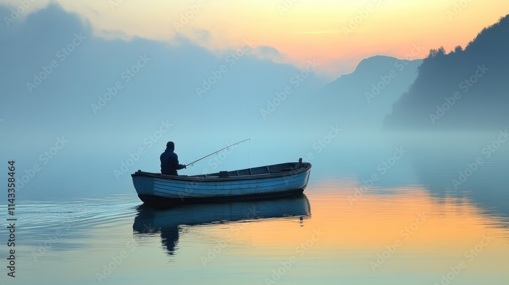 A solitary fisherman in a boat on a tranquil lake at sunrise, surrounded by misty mountains. A solitary fisherman in a boat on a tranquil lake at sunrise, surrounded by misty mountains.