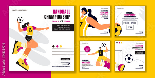 Handball Player Action Social Media Post Template in Flat Cartoon Style