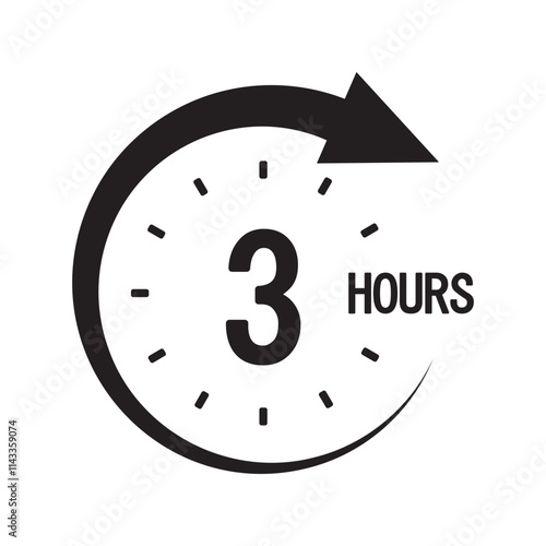 Three hours icon. Black circular arrow. Countdown timer graphic. Vector clock design.