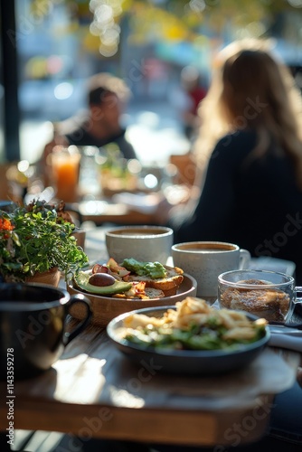 Enjoying a delightful brunch with fresh dishes and beverages at a cozy cafe on a sunny day. Generative AI