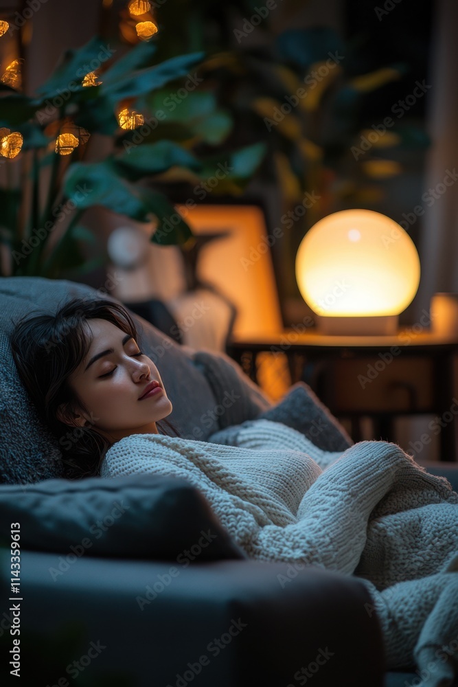 Cozy evening at home with a woman resting on a sofa surrounded by warm lighting and plants. Generative AI Cozy evening at home with a woman resting on a sofa surrounded by warm lighting and plants. Generative AI