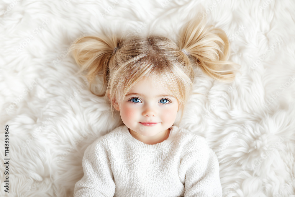 Winter Adorable Smiling Little Child, on a white fluffy blanket, with a warm and cozy feel Winter Adorable Smiling Little Child, on a white fluffy blanket, with a warm and cozy feel
