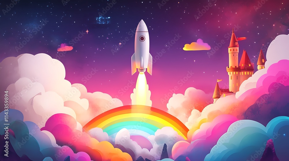 Rocket Launching Over Rainbow Towards Fairytale Castle Rocket Launching Over Rainbow Towards Fairytale Castle