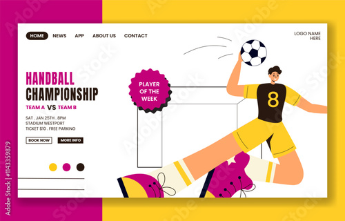 Handball Sports Flat Cartoon Hand-Drawn Social Media Landing Page Template