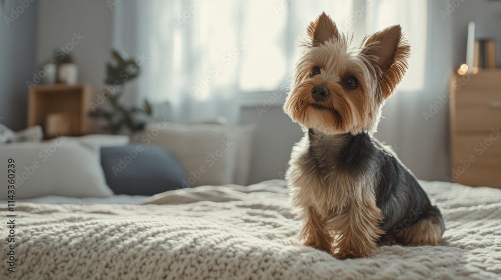 photo of a yorkshire terrier dog lying on a bed photo of a yorkshire terrier dog lying on a bed