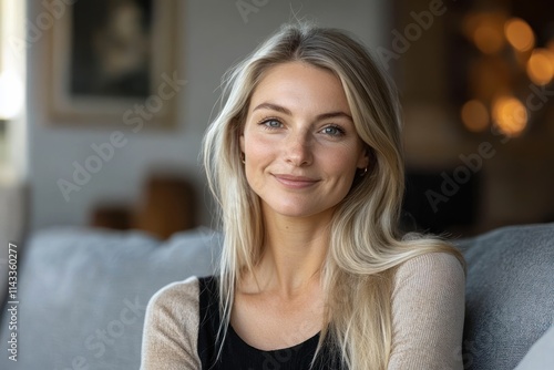 Beautiful middle-aged woman with long blonde hair sitting on gray sofa in modern apartment enjoying peaceful moments and dreaming of future aspirations