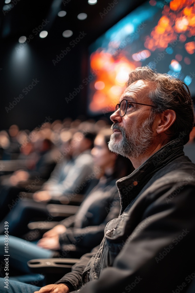 Obraz premium Man with glasses attentively watching a presentation at a conference in a dimly lit auditorium with engaging visuals. Generative AI