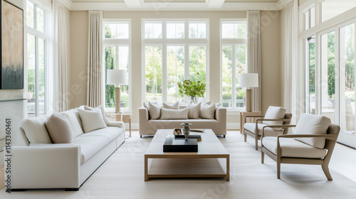 Room that speaks of quiet elegance with its simple furniture arrangement, neutral color scheme, and the natural light that bathes the space, highlighting the clean lines of the decor.