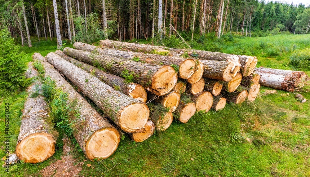 Polished Wooden Logs Stacked in a Forest Clearing After Sustainable Logging Polished Wooden Logs Stacked in a Forest Clearing After Sustainable Logging