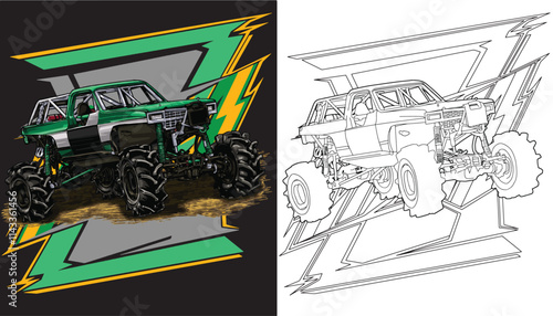outline green truck splash, isolated on a black background, for t-shirt design, print, and for business,s purposes.