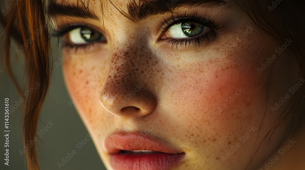 Fototapeta premium Close-up portrait of a young Caucasian woman with freckled skin and captivating green eyes.