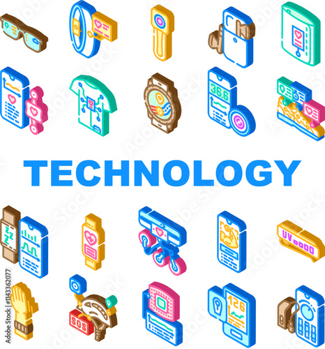 wearable technologies sensor icons set vector. smartwatch, fitness, tracker health, monitor connectivity, innovation, fashion wearable technologies sensor isometric sign illustrations