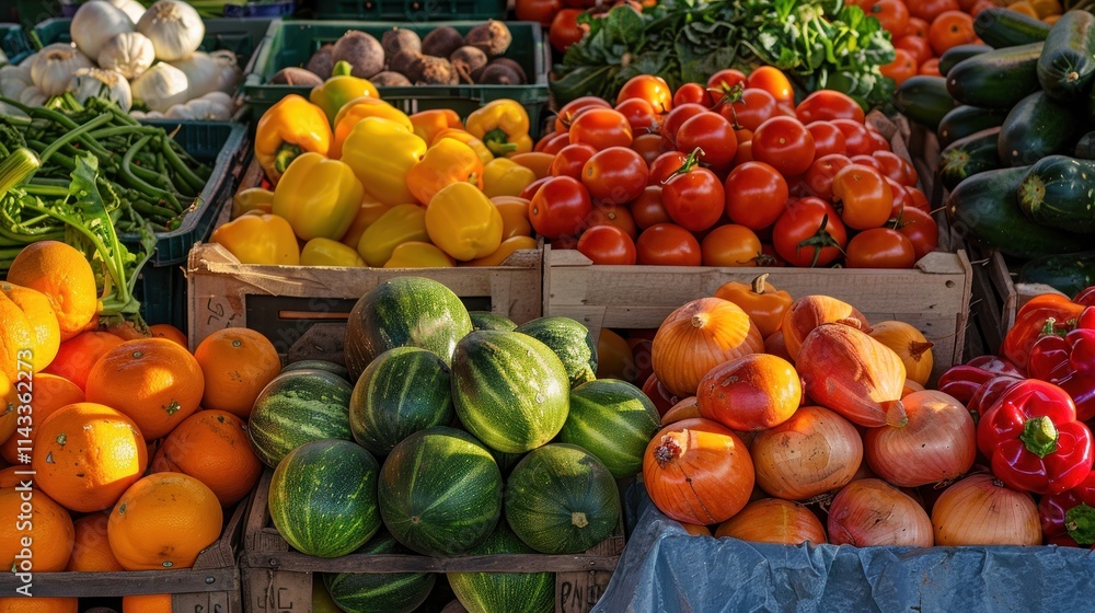 A vibrant display of fresh vegetables and fruits at a busy farmers market, AI generated image A vibrant display of fresh vegetables and fruits at a busy farmers market, AI generated image