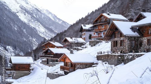 Snow-covered alpine chalets nestled in a serene winter mountain valley. Breathtaking view!